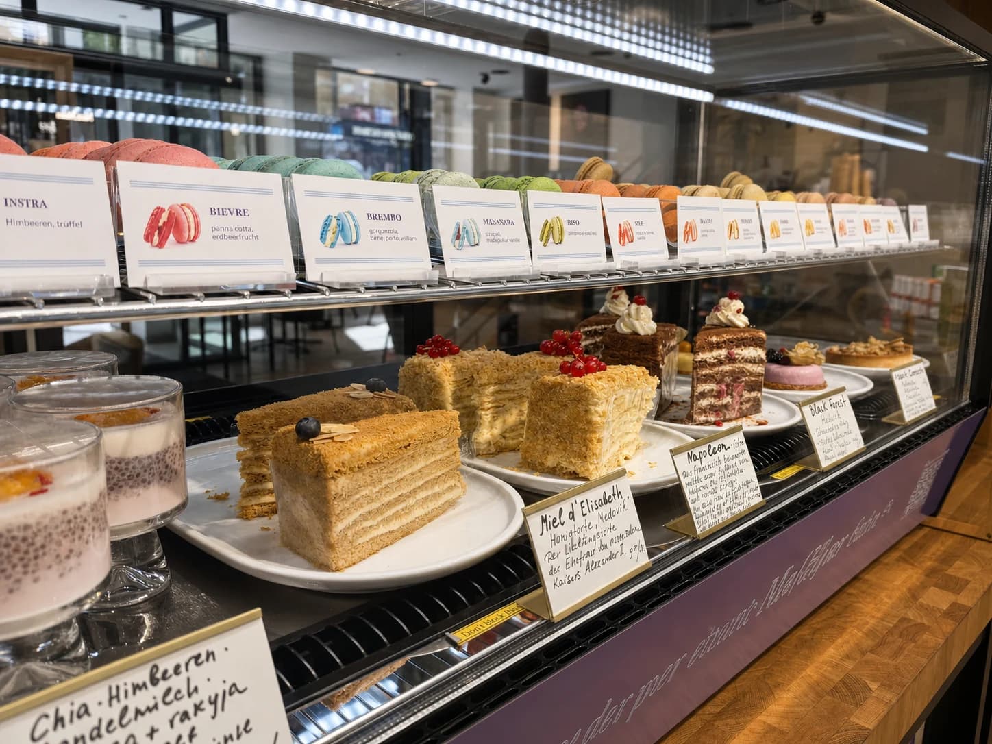 Torten und feines Gebäck in der Vitrine von Macarons Bay