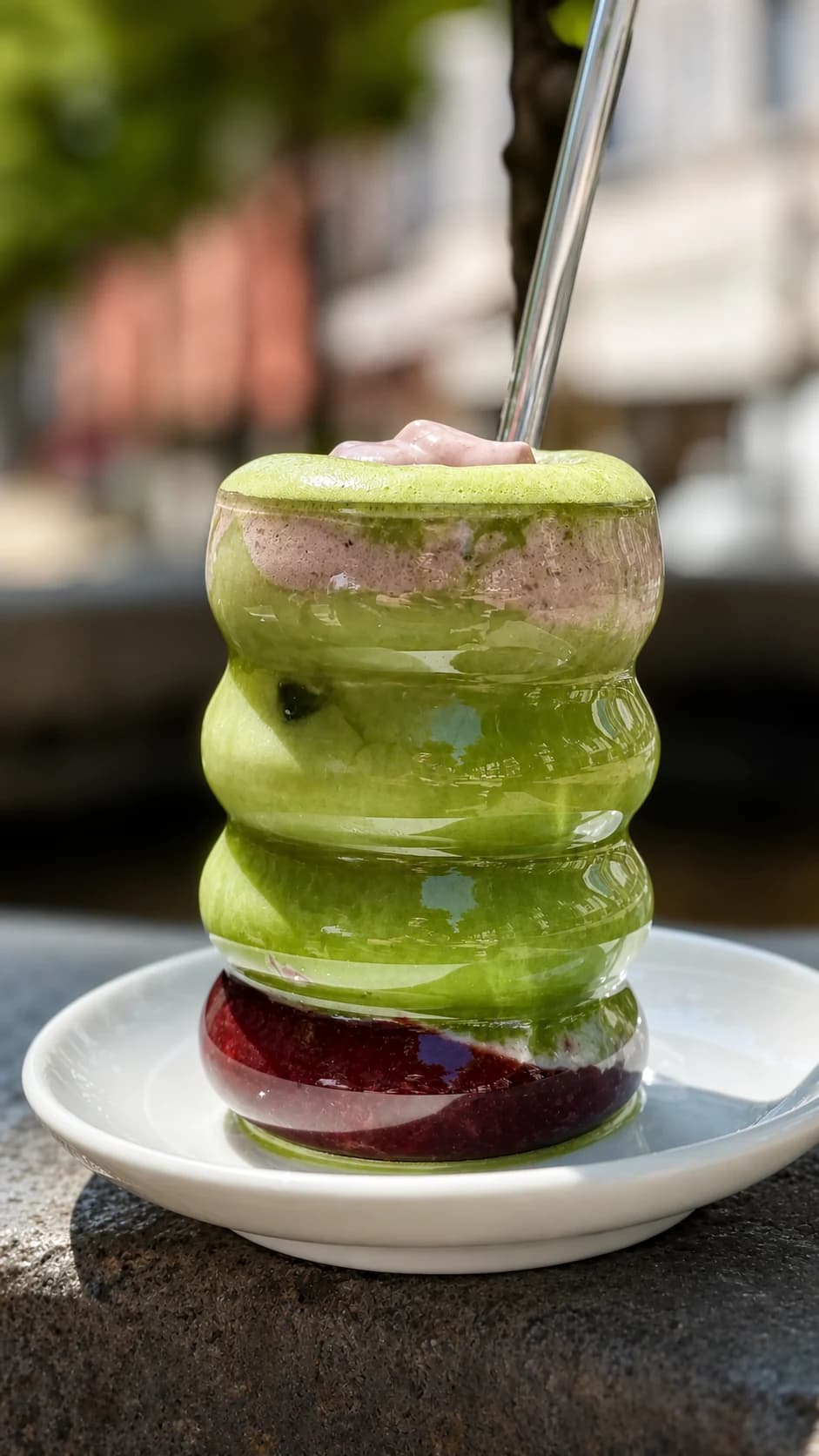 Strawberry-Matcha mit Erdbeerschicht und cremigem Schaum