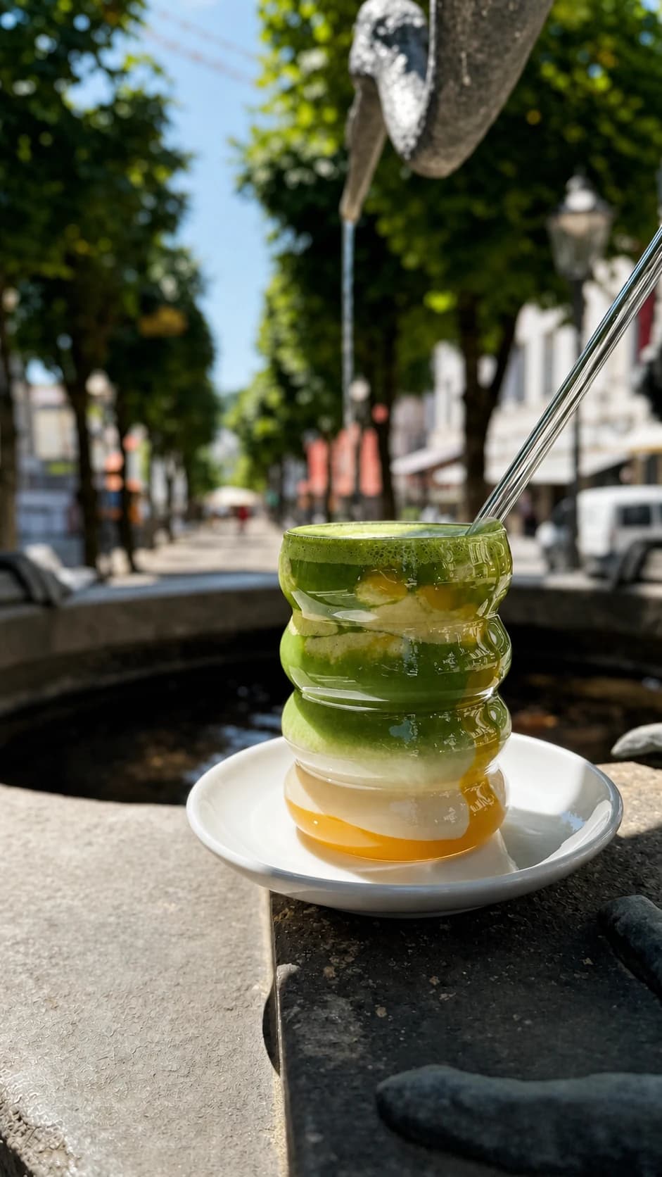 Mango-Matcha mit cremigen und fruchtigen Schichten auf der Terrasse
